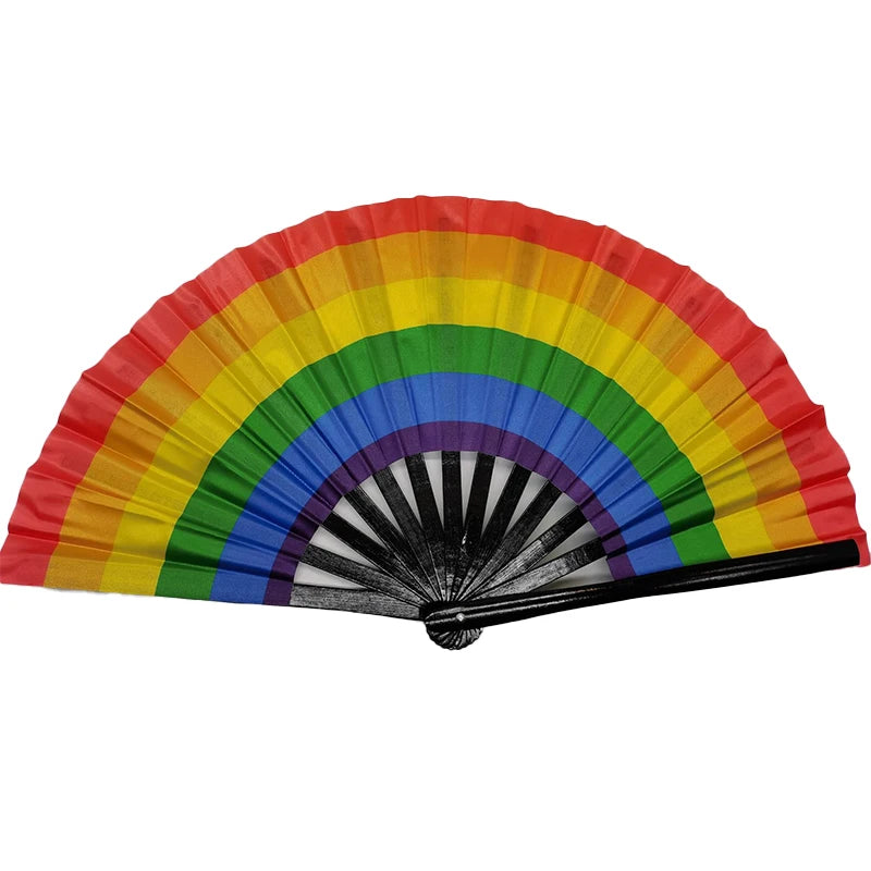 Vibrant rainbow gradient foldable handheld fan perfect for festivals and dance performances.