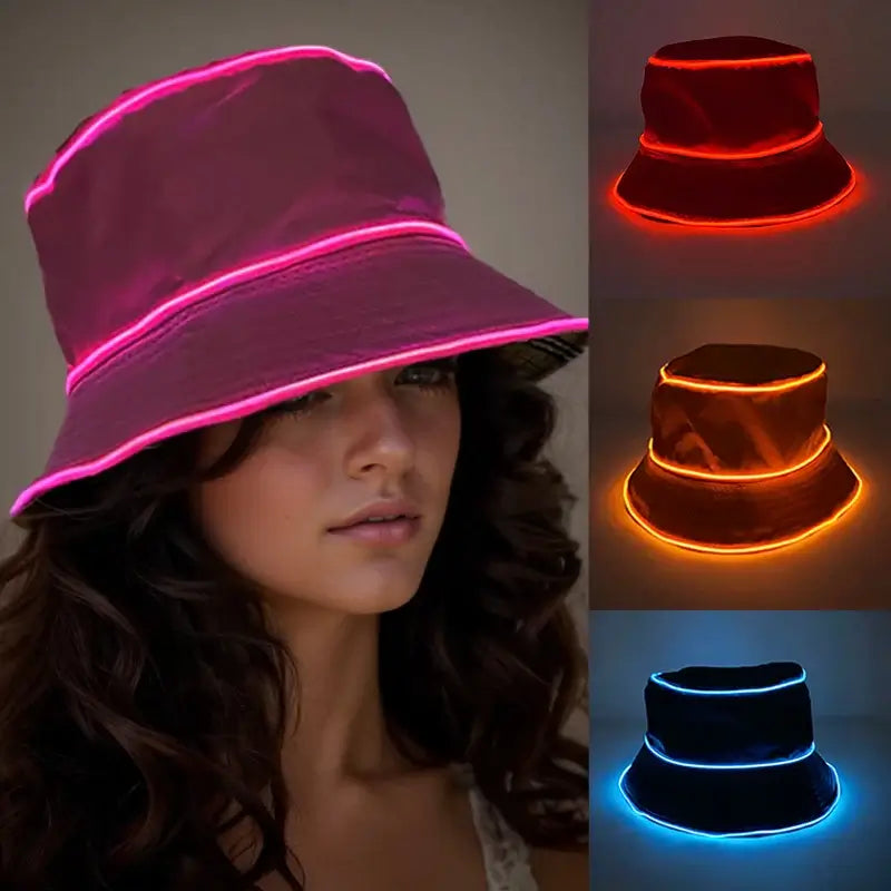 LED glowing bucket hat in multiple colors, perfect for parties and outdoor events, worn by a model.