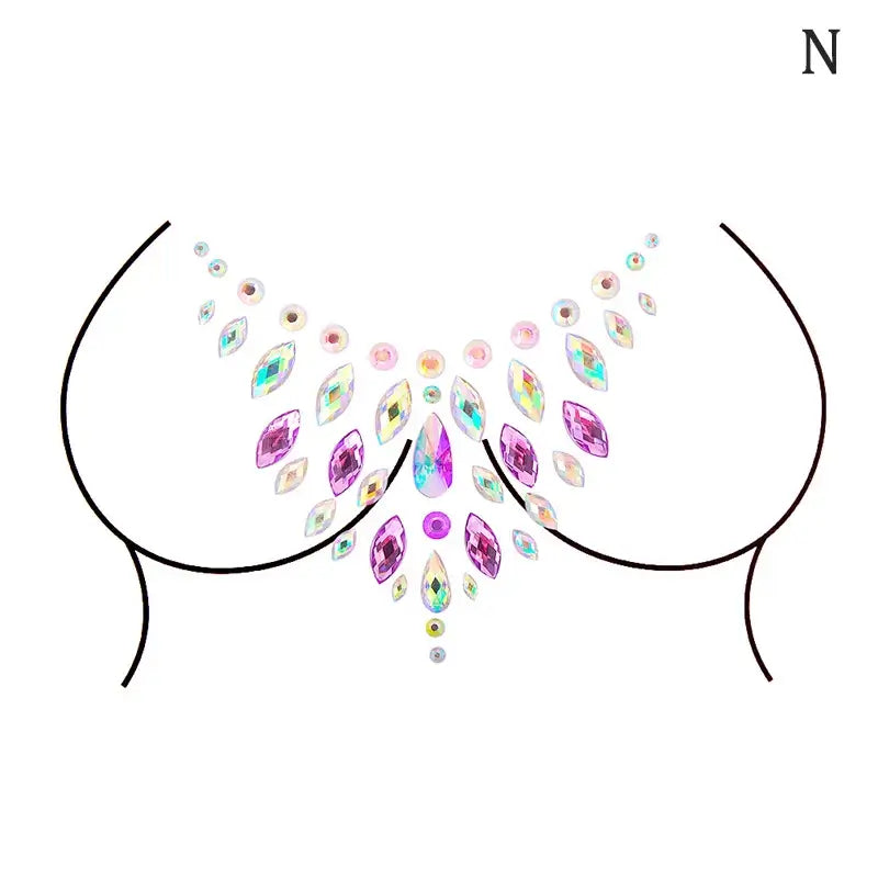 Rhinestone breast jewels with purple and iridescent gems for festival and party wear, forming a sparkling design.