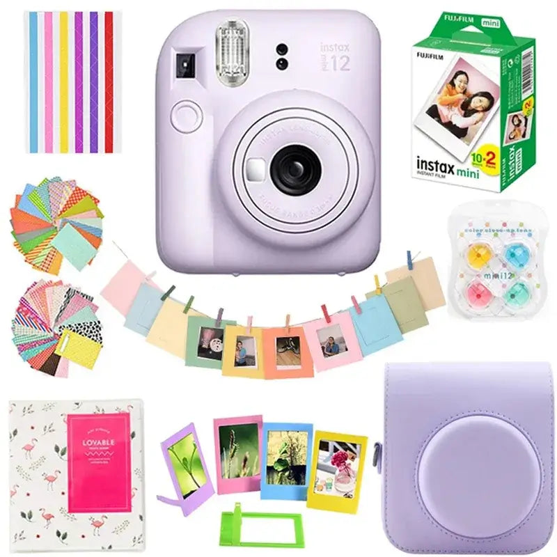 Fujifilm Instax Mini 12 Lilac Purple instant camera with accessories, film pack, and colorful photo frames for creative photography.