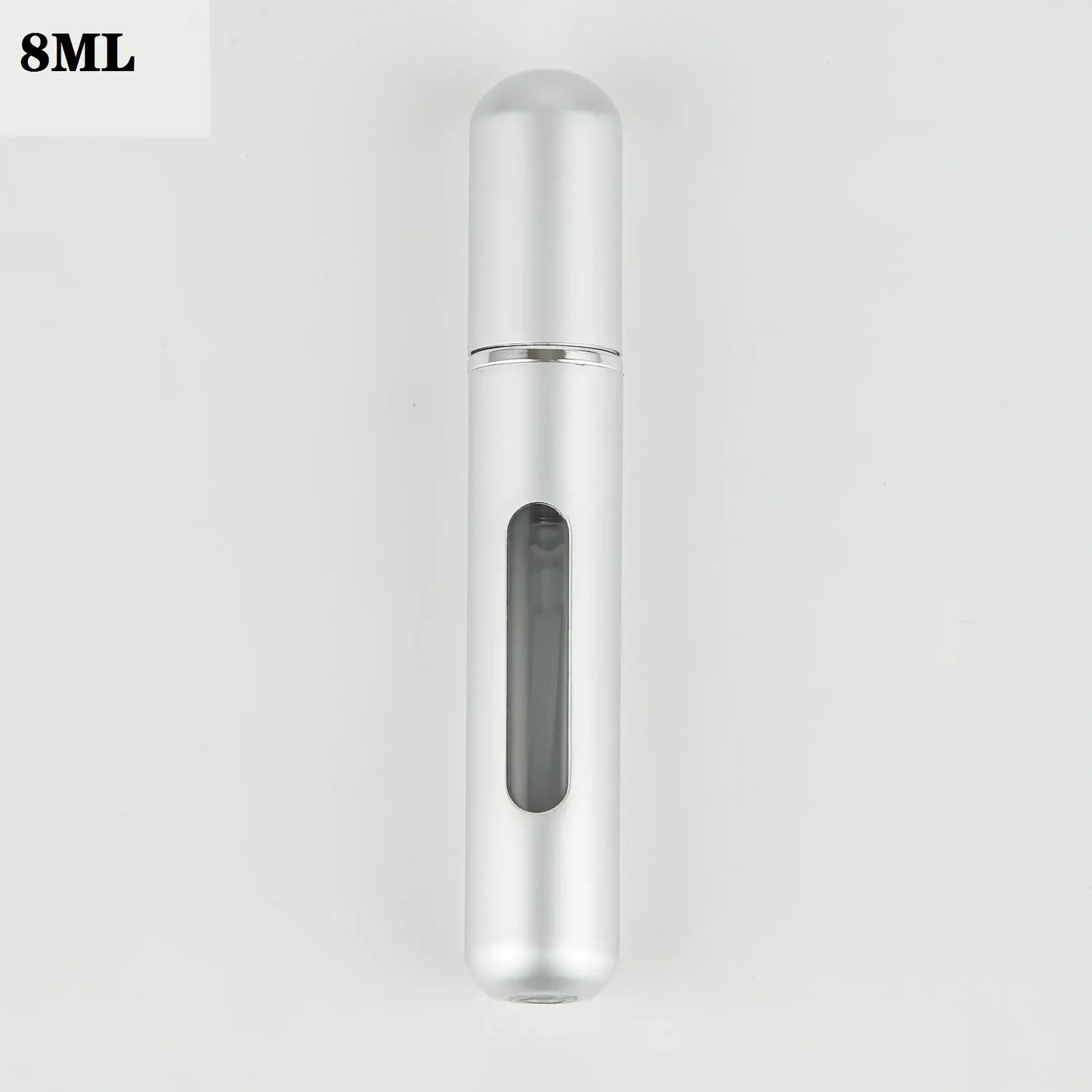 Silver 8ml portable refillable perfume atomizer bottle with transparent window for easy travel and daily use.