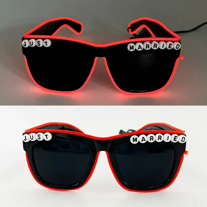 LED glasses with red neon glow featuring "Just Married" text, perfect for weddings and parties.