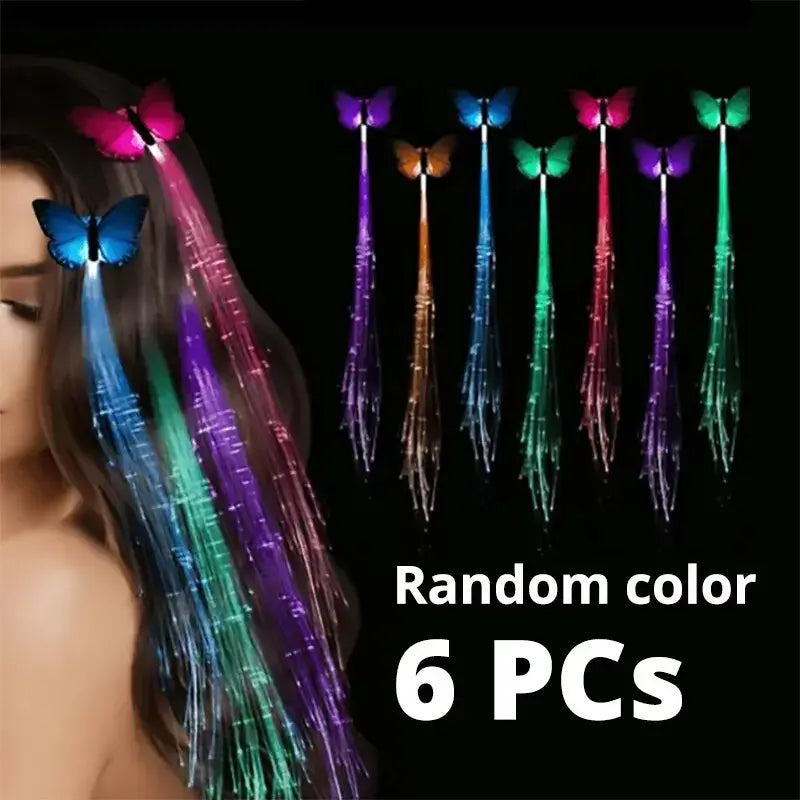 colorful luminous braids with butterfly glitter clip glow in the dark hair decor set of 6 for parties and events