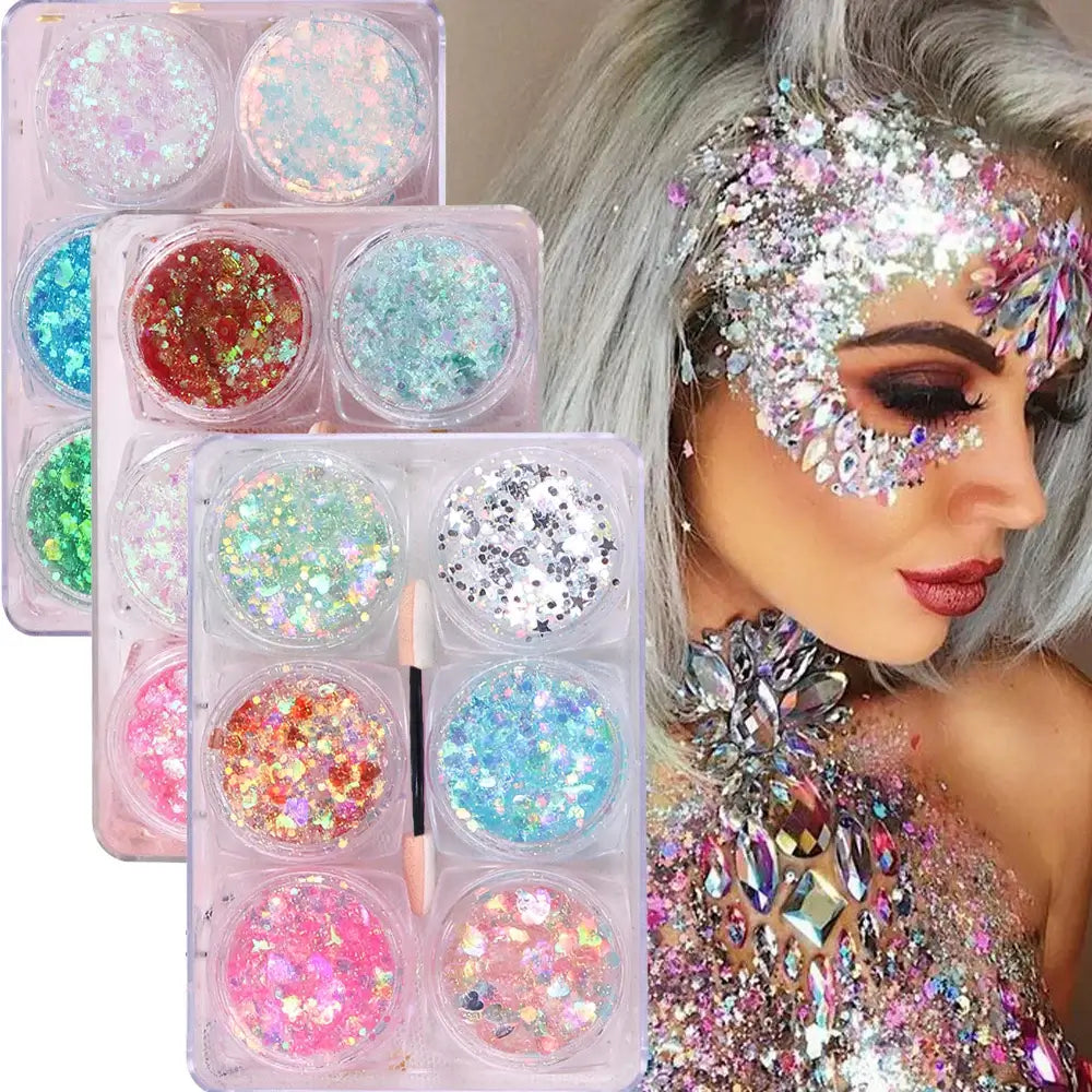 6 Jars Glitter Gel Set with vibrant sequins, perfect for festival makeup on face, hair, and body for a standout shine.