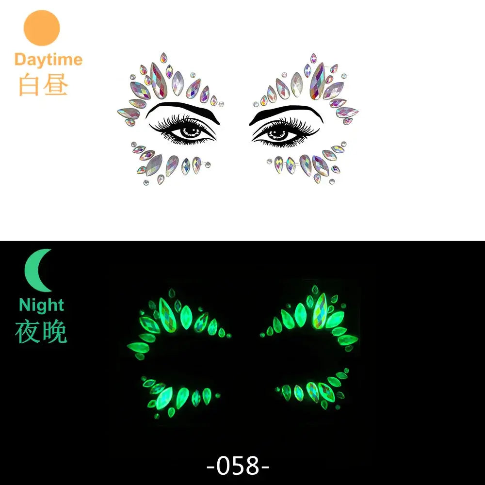 3D glowing rhinestone face stickers for festival makeup, showing luminous effect under UV light, day and night views.