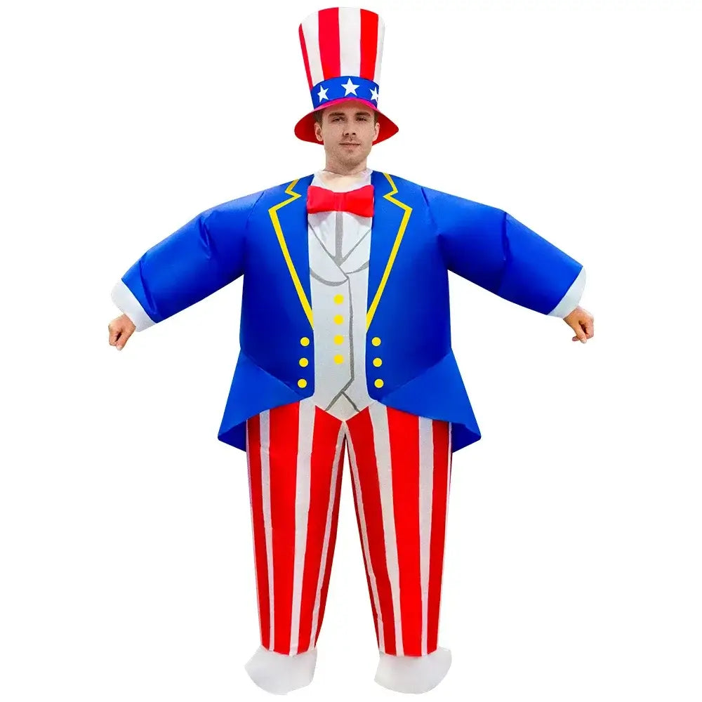 Adult in vibrant inflatable Uncle Sam costume with patriotic colors, perfect for festivals, carnivals, and dance parties.