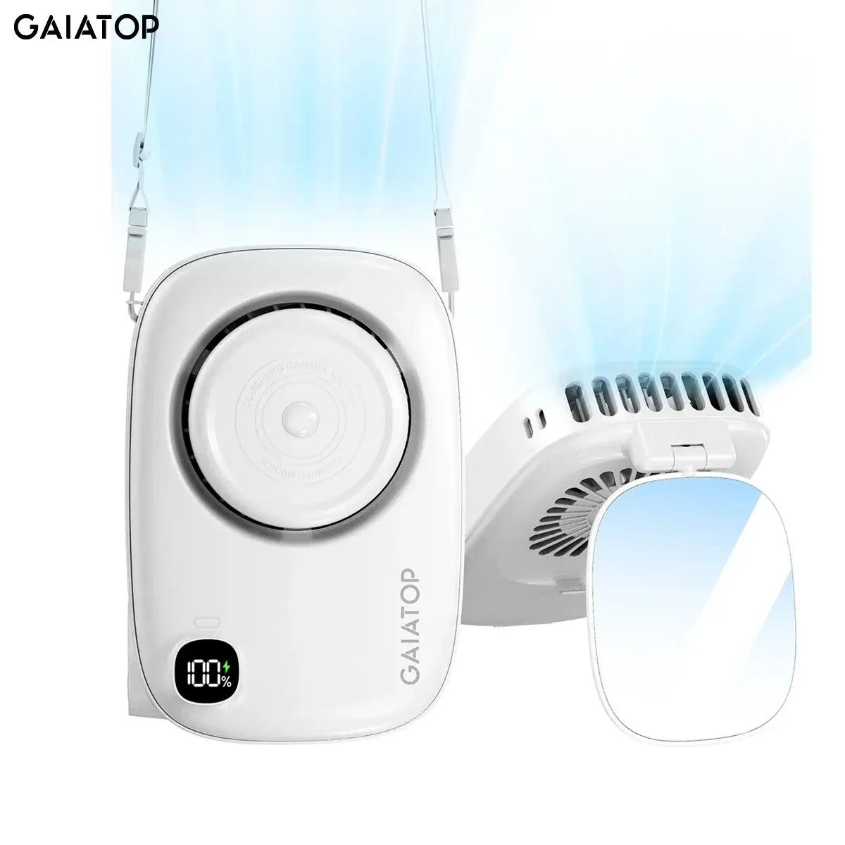 Portable Gaiatop mini fan with makeup mirror, USB rechargeable, 3-speed settings, compact design for travel and on-the-go use.