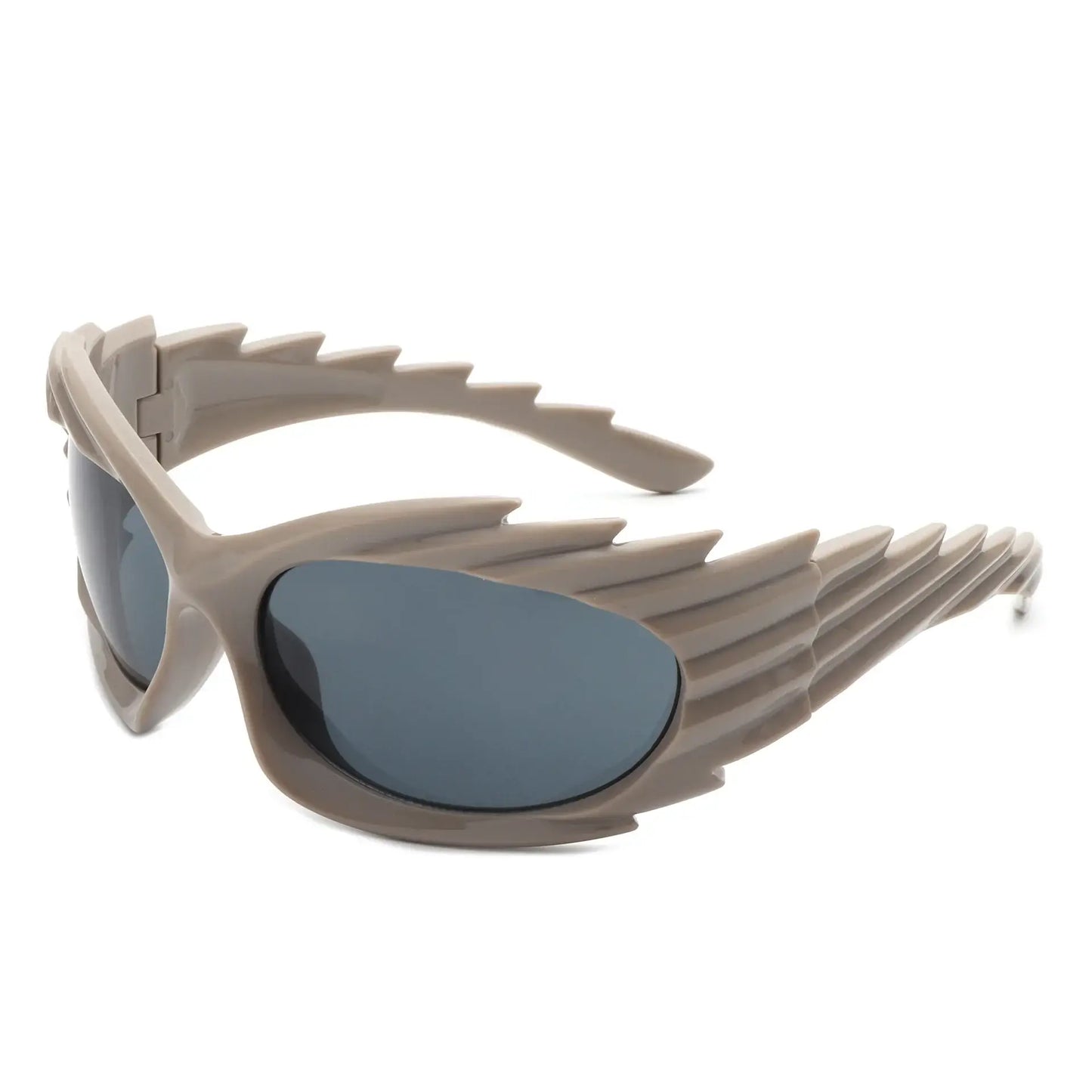 Y2K punk one-piece rave sunglasses with rimless lenses, featuring a bold futuristic design in beige, unisex accessory for men and women.