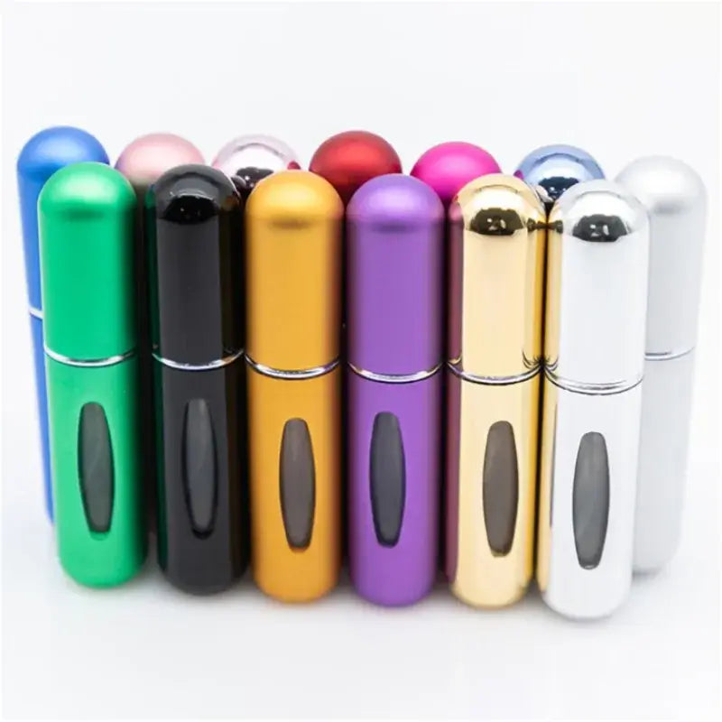 Colorful portable refillable perfume atomizer bottles in 5ml and 8ml sizes displayed upright for easy travel and daily use.