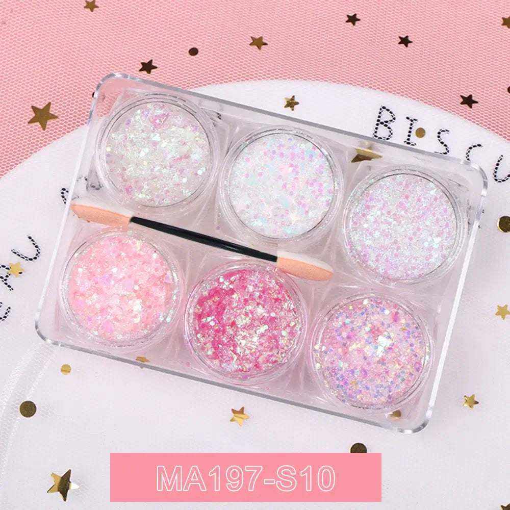 Glitter gel set with 6 jars featuring hearts, stars, and moon sequins for face, hair, and body makeup on a decorative background.