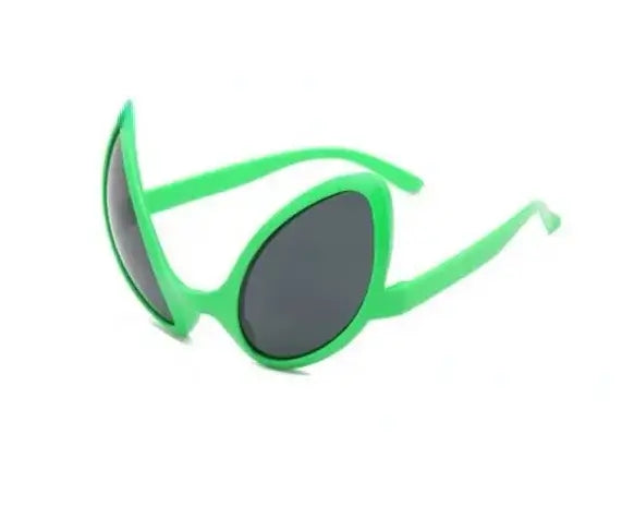 Green alien party sunglasses with black lenses for festivals, featuring a comfortable and eco-friendly design.