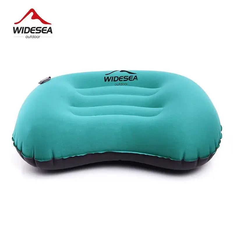 Widesea Portable Inflatable Camping Pillow in teal, featuring an upgraded valve for quick inflation, ideal for outdoor comfort and travel.