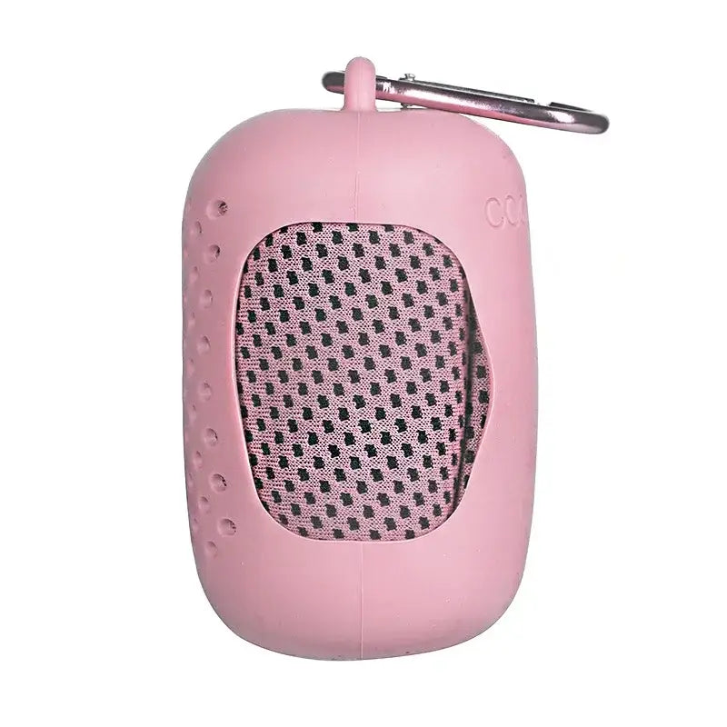 Pink quick-dry microfiber cooling sports towel in compact case with carabiner, ideal for travel and outdoor activities.