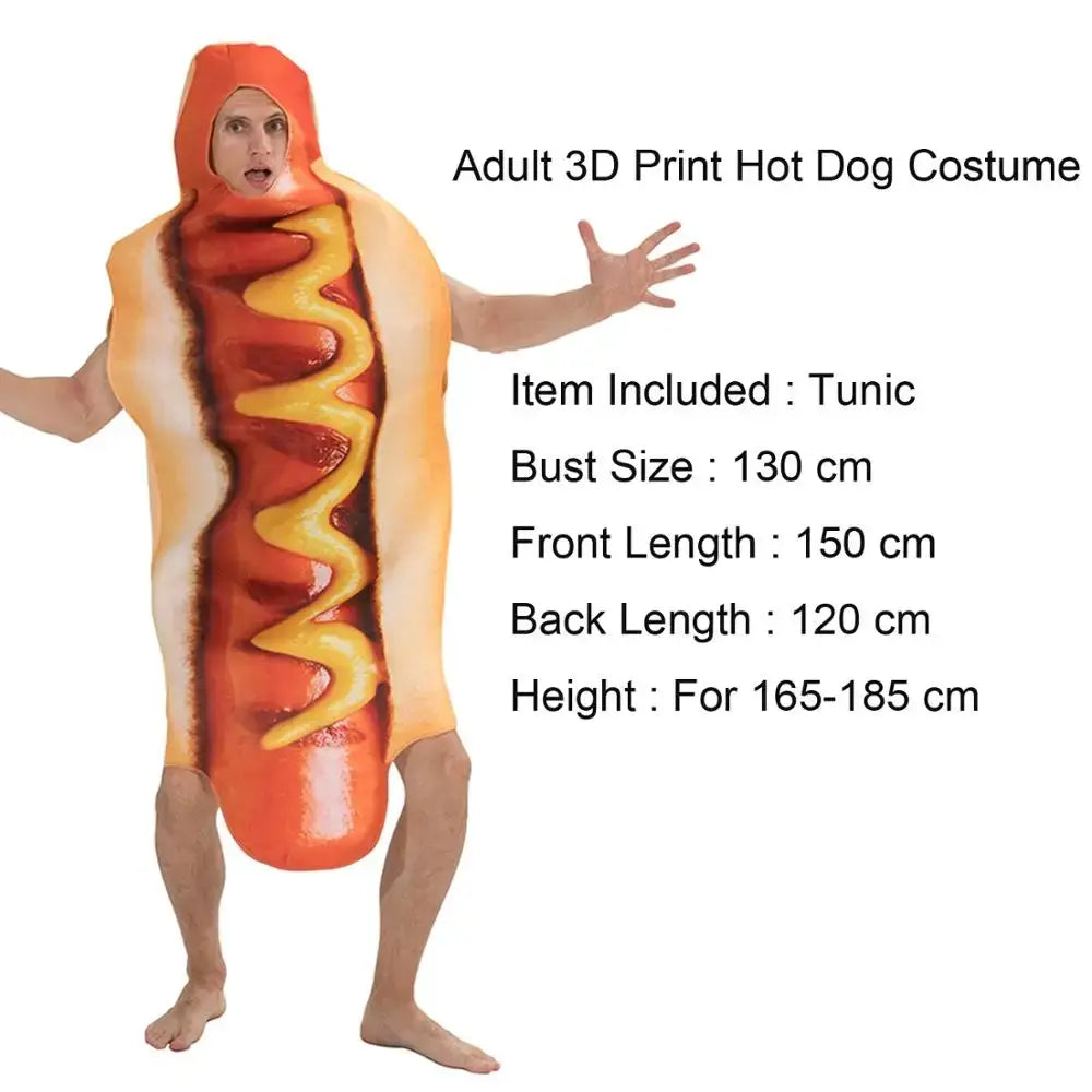 Adult wearing a funny 3D hot dog costume with measurements displayed, ideal for festivals and events.