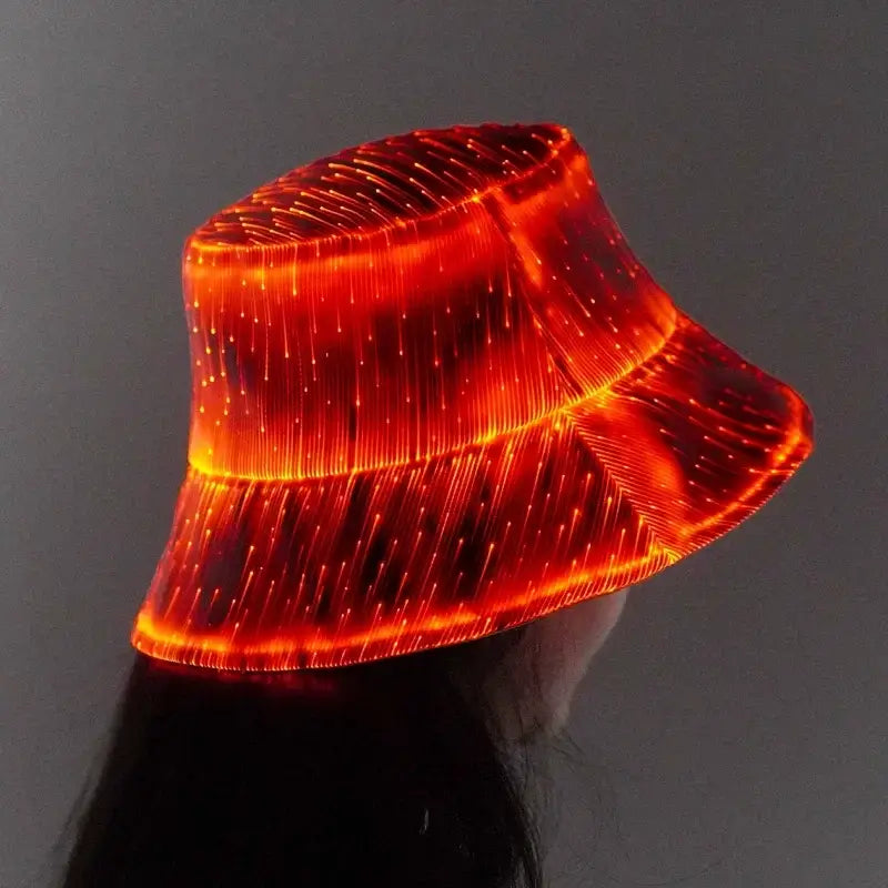 LED light-up fiber optic bucket hat glowing in red, perfect for raves and festivals, featuring color-changing LED technology.