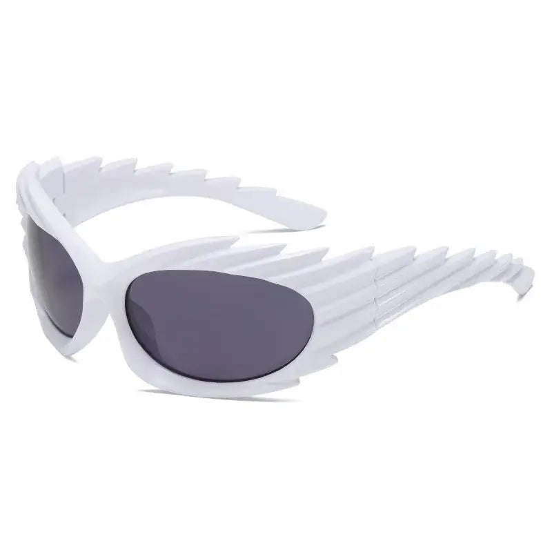 White futuristic Y2K punk one-piece sunglasses with a wing-like rimless design, unisex fashion eyewear.