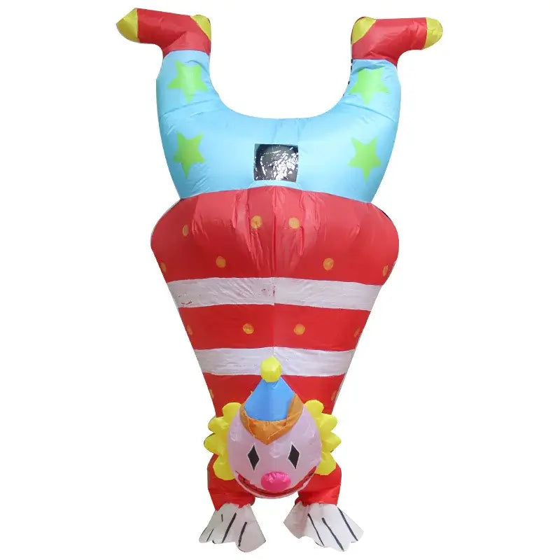 Inflatable clown costume for adults, vibrant colors, perfect for festivals and events, features easy-to-inflate fan.