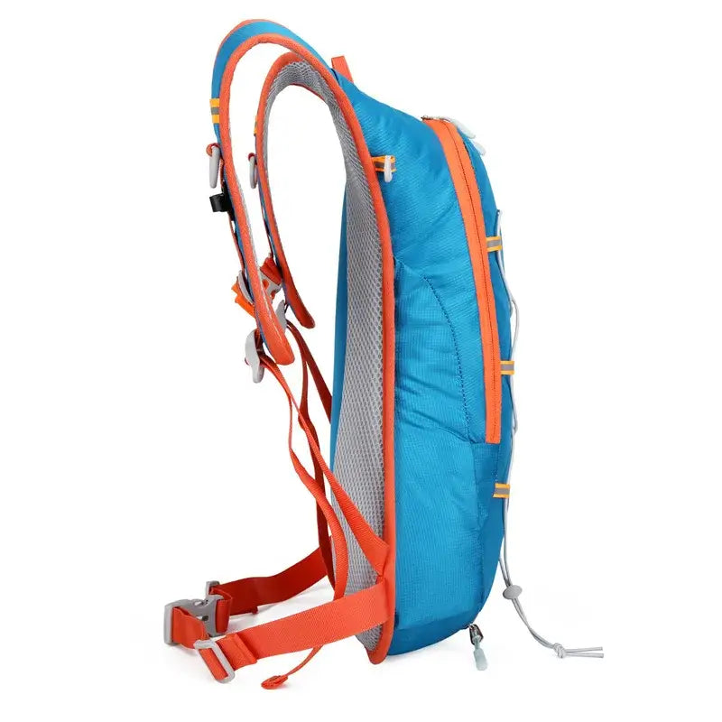 Blue and orange 2L hydration backpack with breathable mesh back, ideal for rave festivals and outdoor parties.