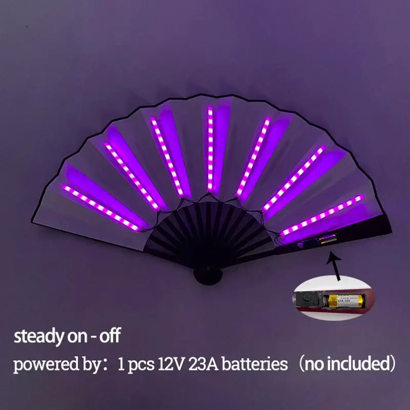 LED glow folding fan in vibrant purple light, ideal for dance performances and parties. Battery-powered, foldable design for easy use.