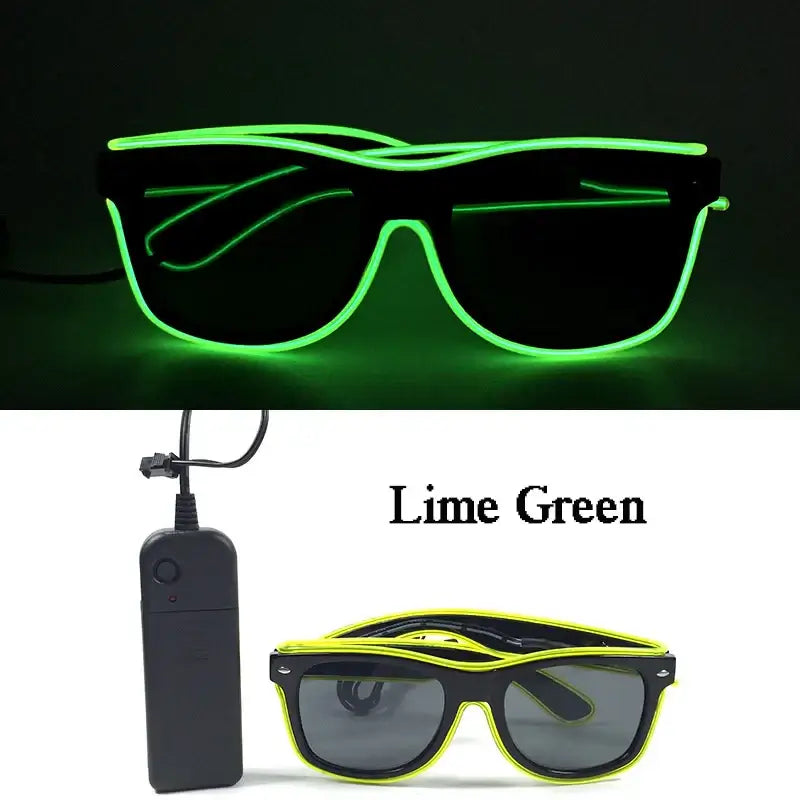 Lime green LED rave glasses with EL wire design, ideal for parties and celebrations; includes battery pack for glowing fun.