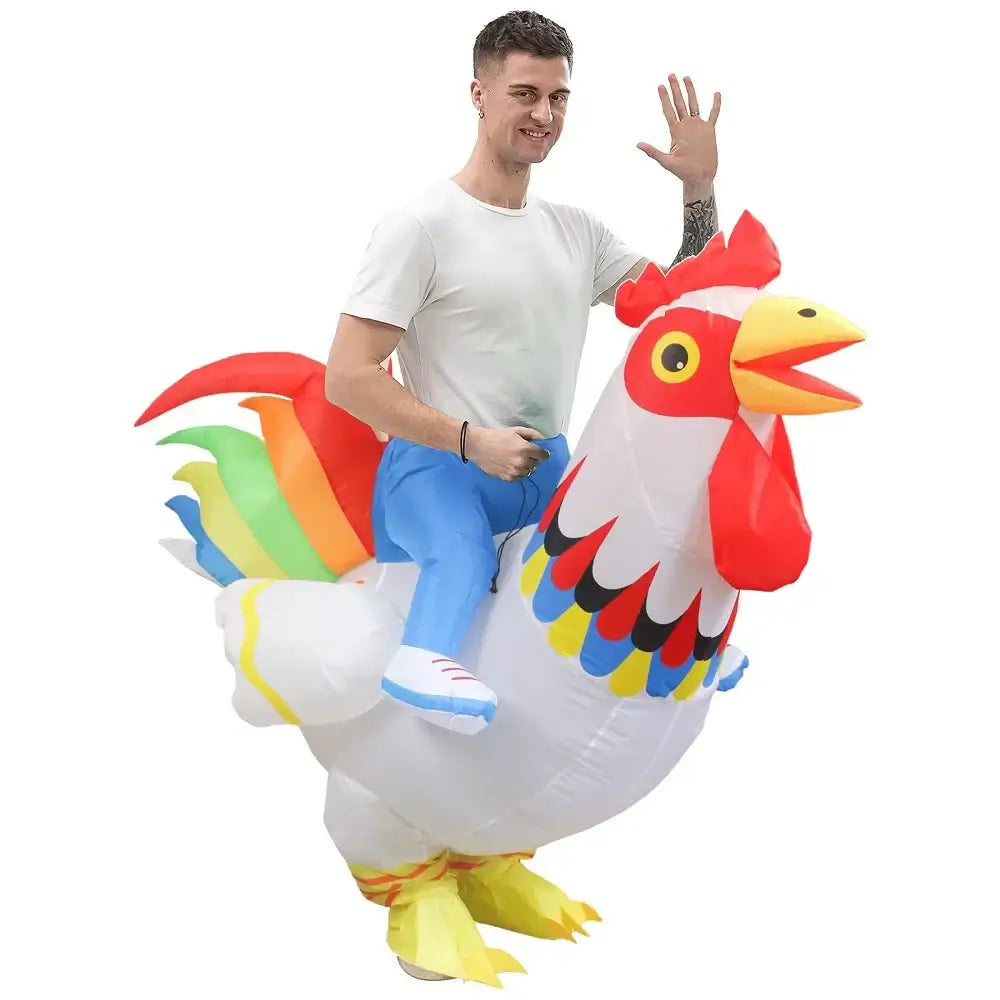 Man in vibrant inflatable chicken costume waving, ideal for festivals and events.