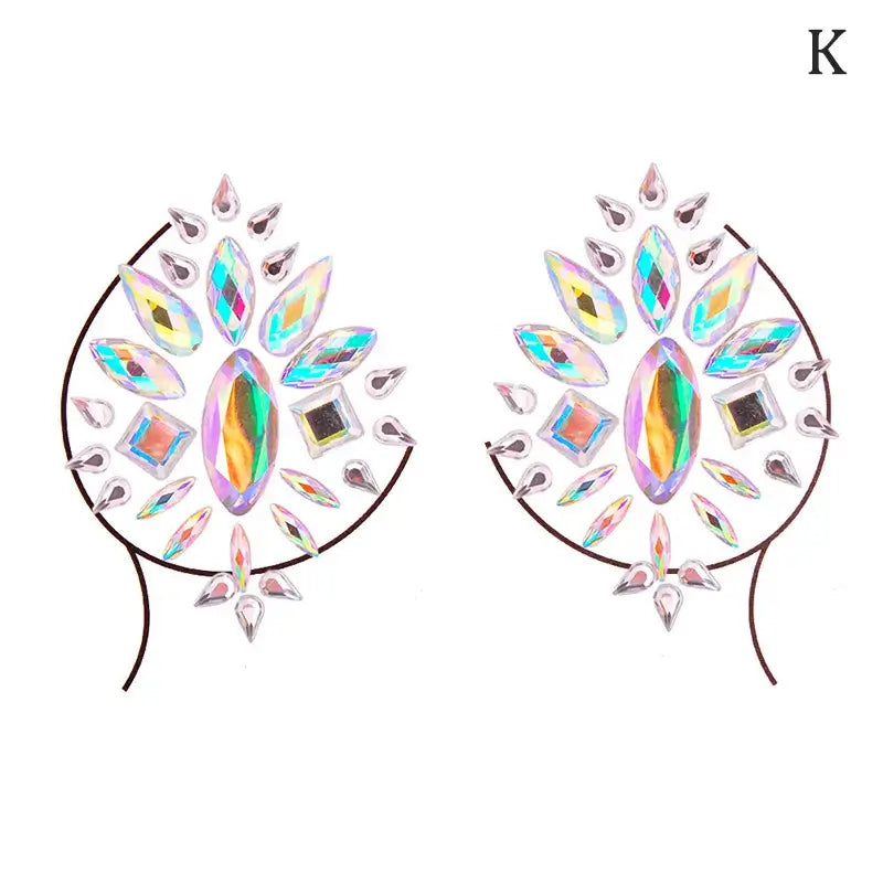 Rhinestone breast jewels with holographic body gems for festival and party wear, ideal for glam raves and creative style expression.