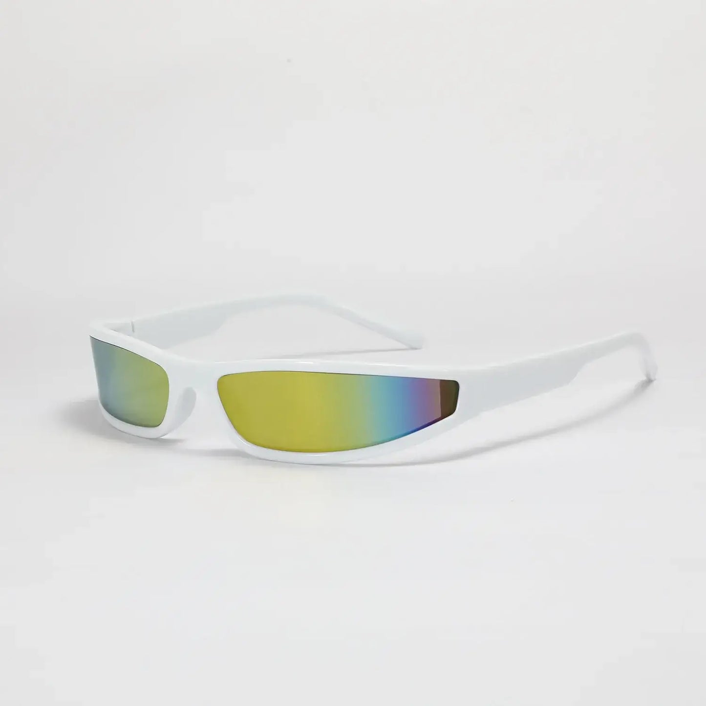 Y2K futuristic narrow frame sunglasses with vibrant yellow lenses for rave and festival 2024, providing high UV400 protection.