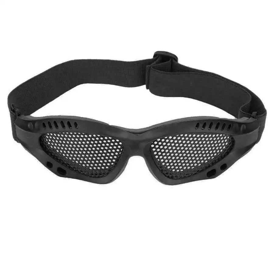 Metal mesh festival goggles for rave with black strap, offering eye protection and lightweight comfort for outdoor events.