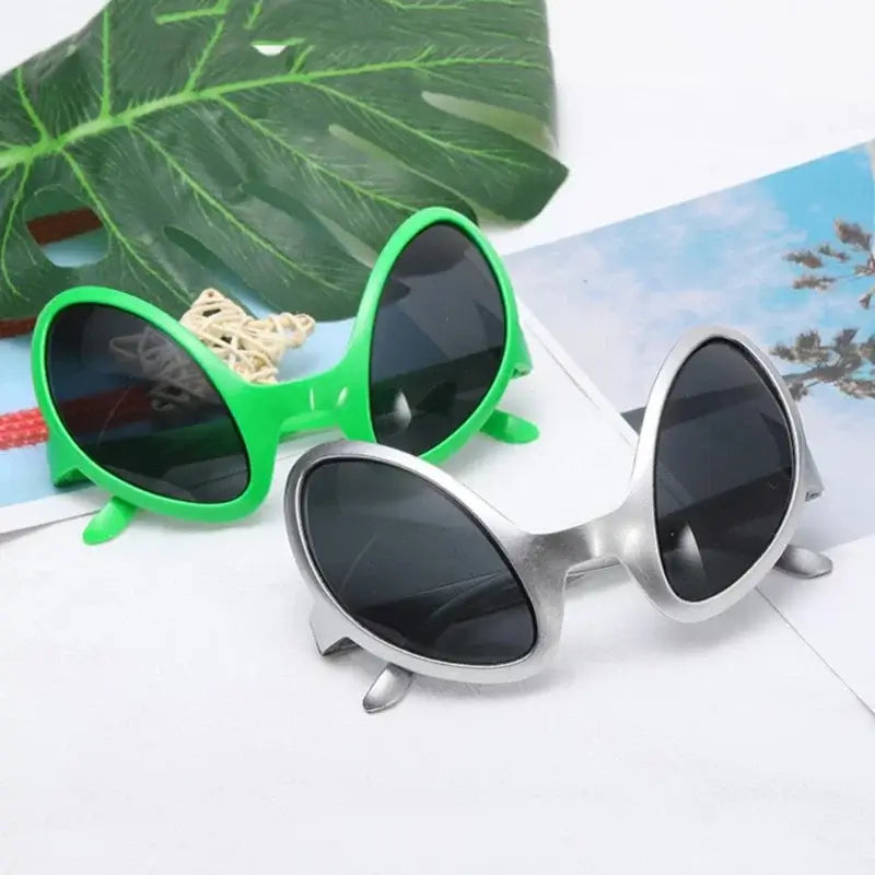 Alien Party Sunglasses in green and silver with playful design, made from eco-friendly PC material, perfect for festivals.