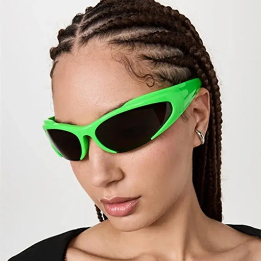 Vintage Y2K punk sunglasses with green oval frames, perfect for raves and festivals, offering UV400 protection.