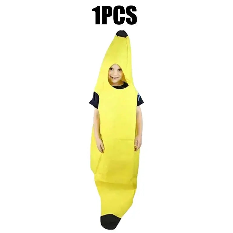 Child wearing a funny banana costume, ideal for parties and festivals.