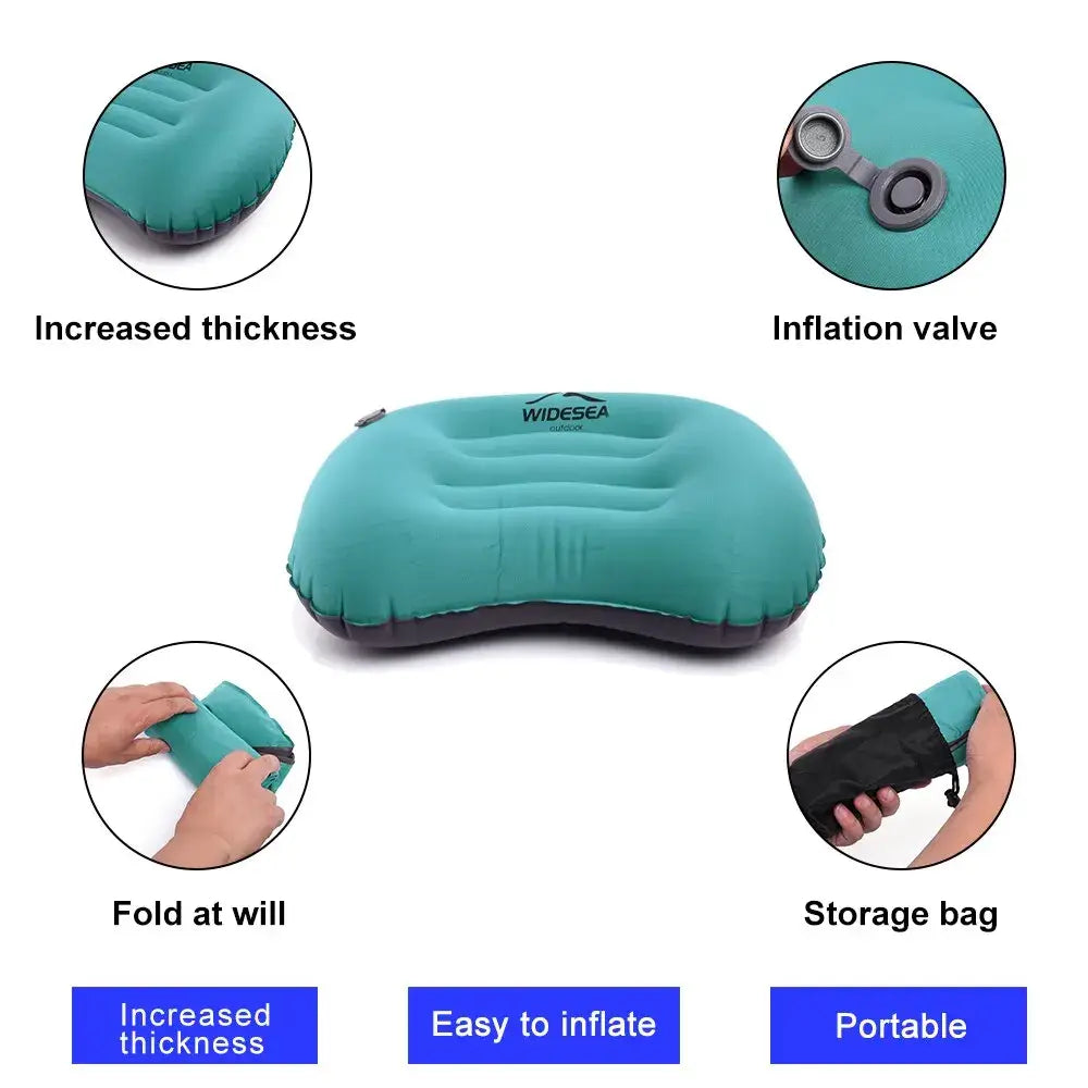 Widesea inflatable camping pillow with integrated valve, increased thickness, foldable design, and storage bag for outdoor comfort.