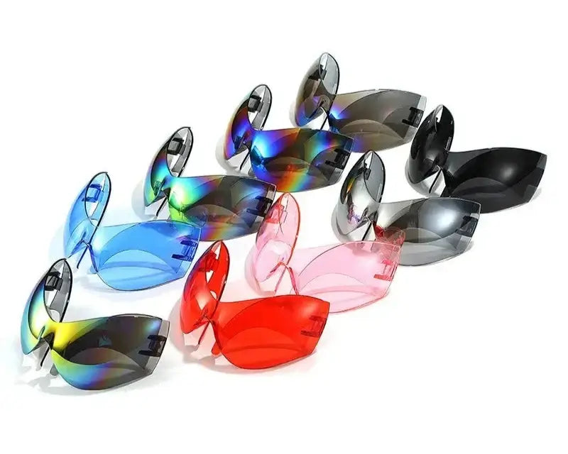 Y2K oversized wrap sunglasses in multiple colors with UV400 protection, perfect for festivals, raves, and parties.