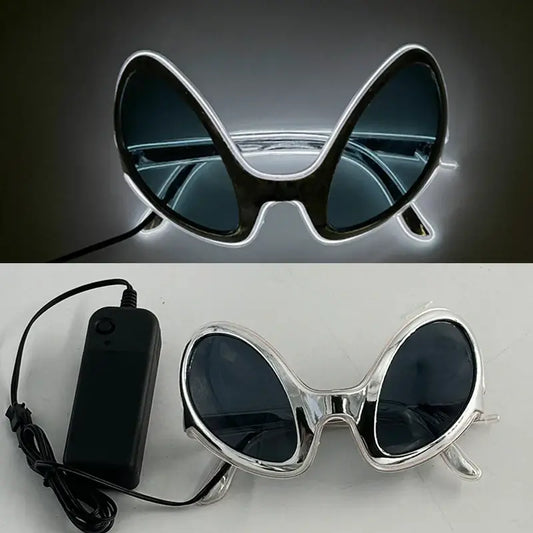 LED rave glasses with glowing EL wire design and attached battery pack for parties and events.