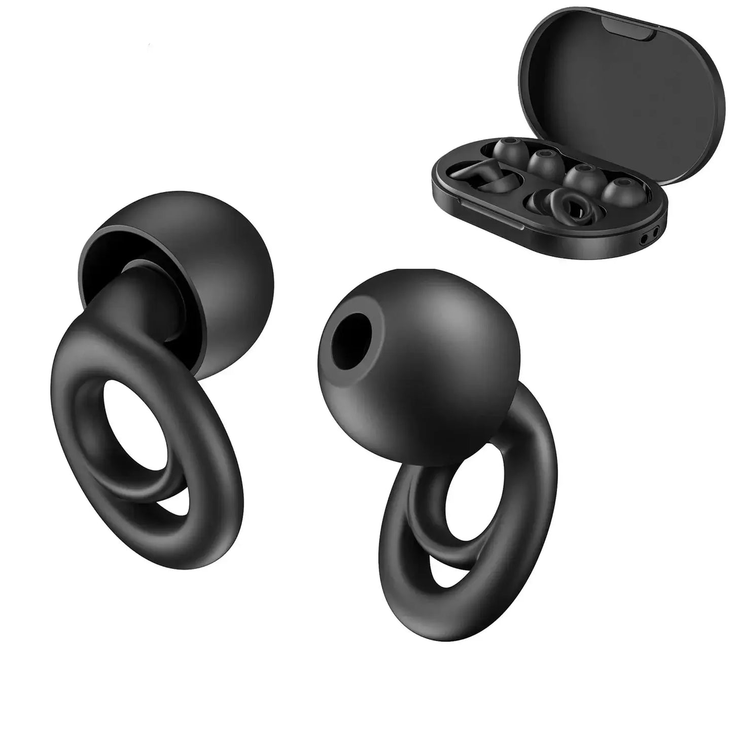 Black noise reduction earplugs with waterproof design and carrying case for sleep, travel, and work use.