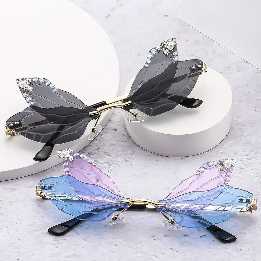 Dragonfly Wings Luxury Sunglasses with Diamond Embellishments in Black and Blue, Fashionable Irregular Frames for Parties