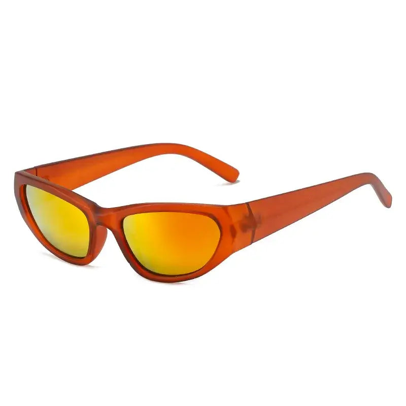 Futuristic orange cyberpunk steampunk sunglasses with yellow mirror lenses, perfect for festivals, raves, and parties.