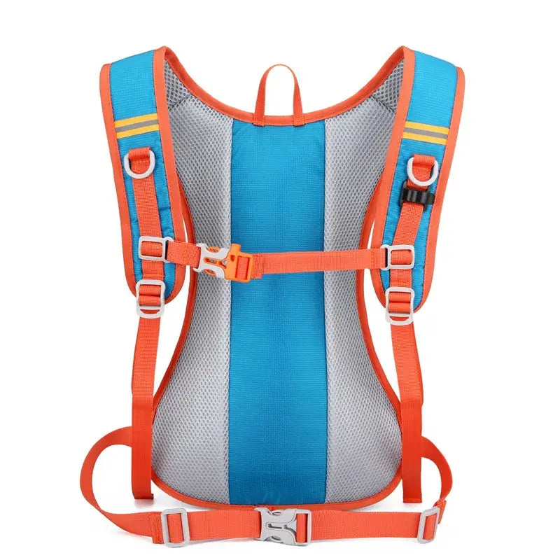 Vibrant blue and orange hydration backpack with breathable mesh back, ideal for festivals and outdoor activities.