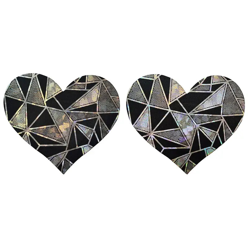 Ultra-thin heart-shaped laser sequin nipple covers with geometric pattern, breathable and adhesive for festivals and parties.