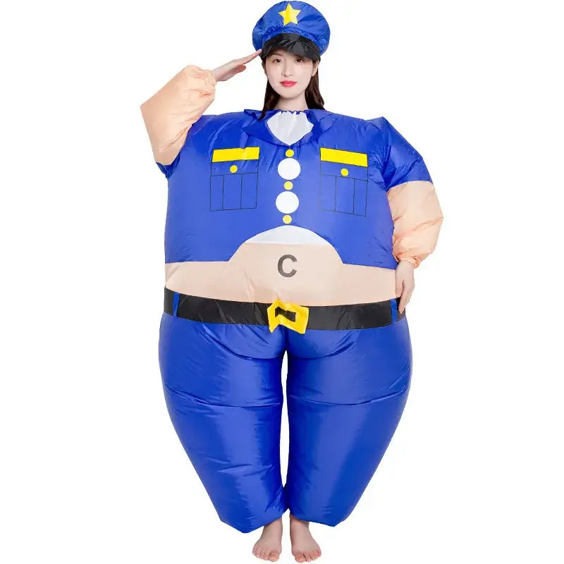 Inflatable police costume for adults, vibrant design, perfect for parties and events, durable polyester, easy inflation with fan.