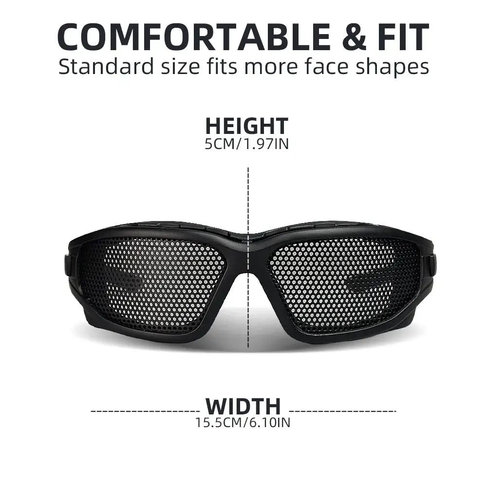 Tactical mesh goggles with impact-resistant design and standard fit for festivals and raves, measuring 5cm height, 15.5cm width.