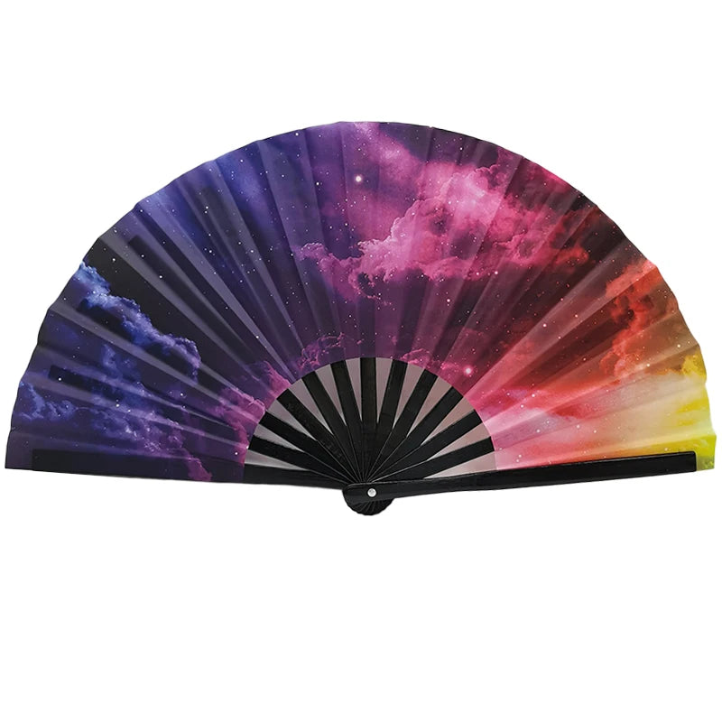 Gradient reflective foldable handheld fan with vibrant colors for festivals, parties, dance, carnival, and performances.