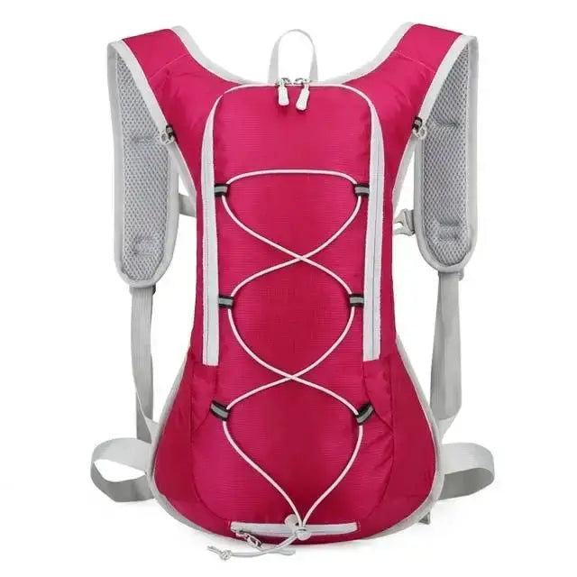 Pink 2L hydration backpack for rave and festival, featuring breathable mesh and waterproof nylon for outdoor parties.