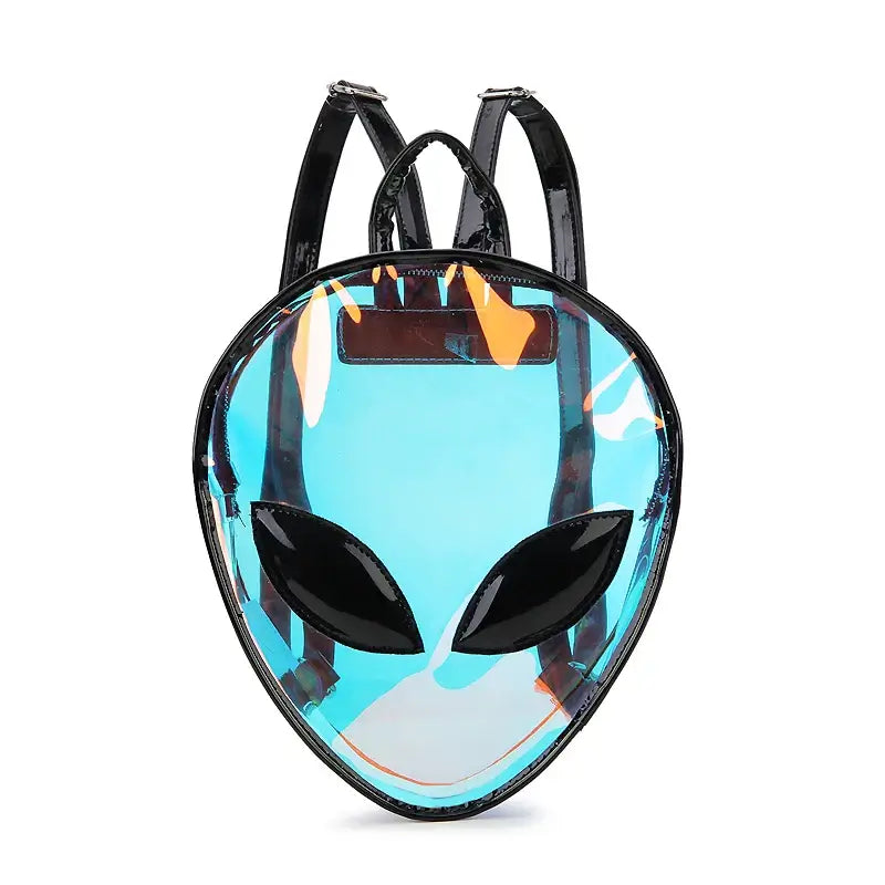 Holographic Alien Backpack with adjustable straps for festivals, raves, and parties.