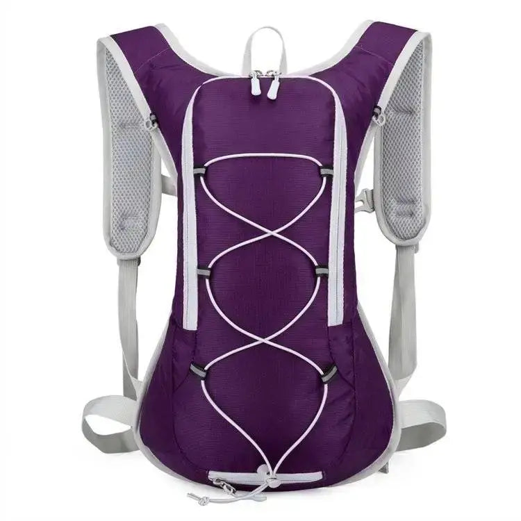 Purple 2L hydration backpack ideal for rave festivals and parties, featuring durable waterproof nylon and breathable mesh for comfort.