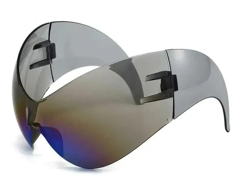 Y2K oversized wrap sunglasses with UV400 protection, featuring a retro shield design perfect for festivals and raves.