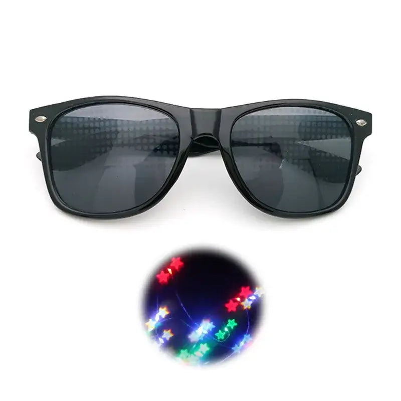 Diffraction sunglasses with star light effects for raves and light shows, featuring polarized UV400 lenses and durable black frame.