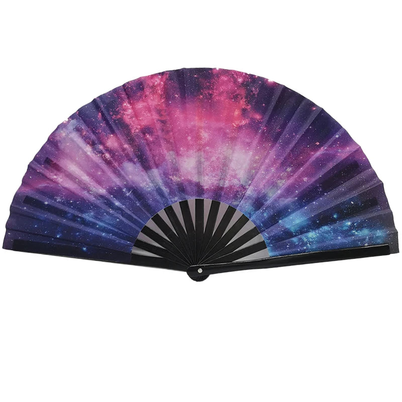 Vibrant gradient reflective handheld fan with galaxy design, perfect for festivals and dance parties. Portable and foldable accessory.