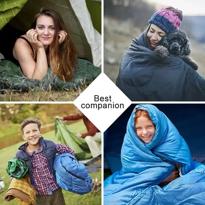 Diverse people enjoying outdoor camping with ultralight waterproof sleeping bags, described as the best companion for comfort and warmth.