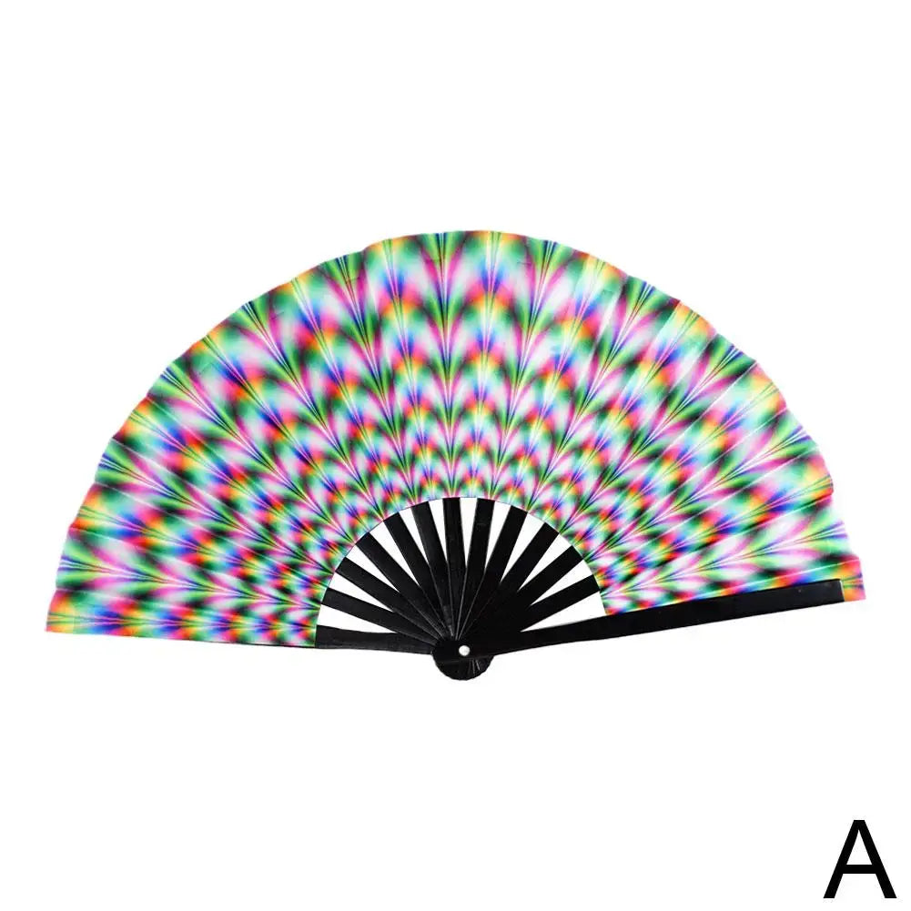 Vibrant reflective gradient colorful foldable rave fan, perfect for festivals and parties, with durable bamboo ribs and fabric.